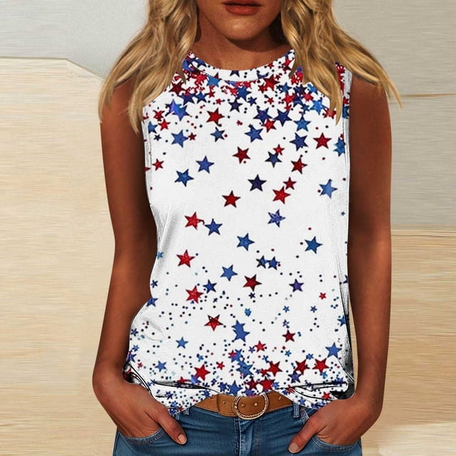 Wiyuqeen Débardeurs Drapeau Américain Femmes Sans Manches Col Rond Rayé Légers T-Shirts 4 Juillet Grande Taille