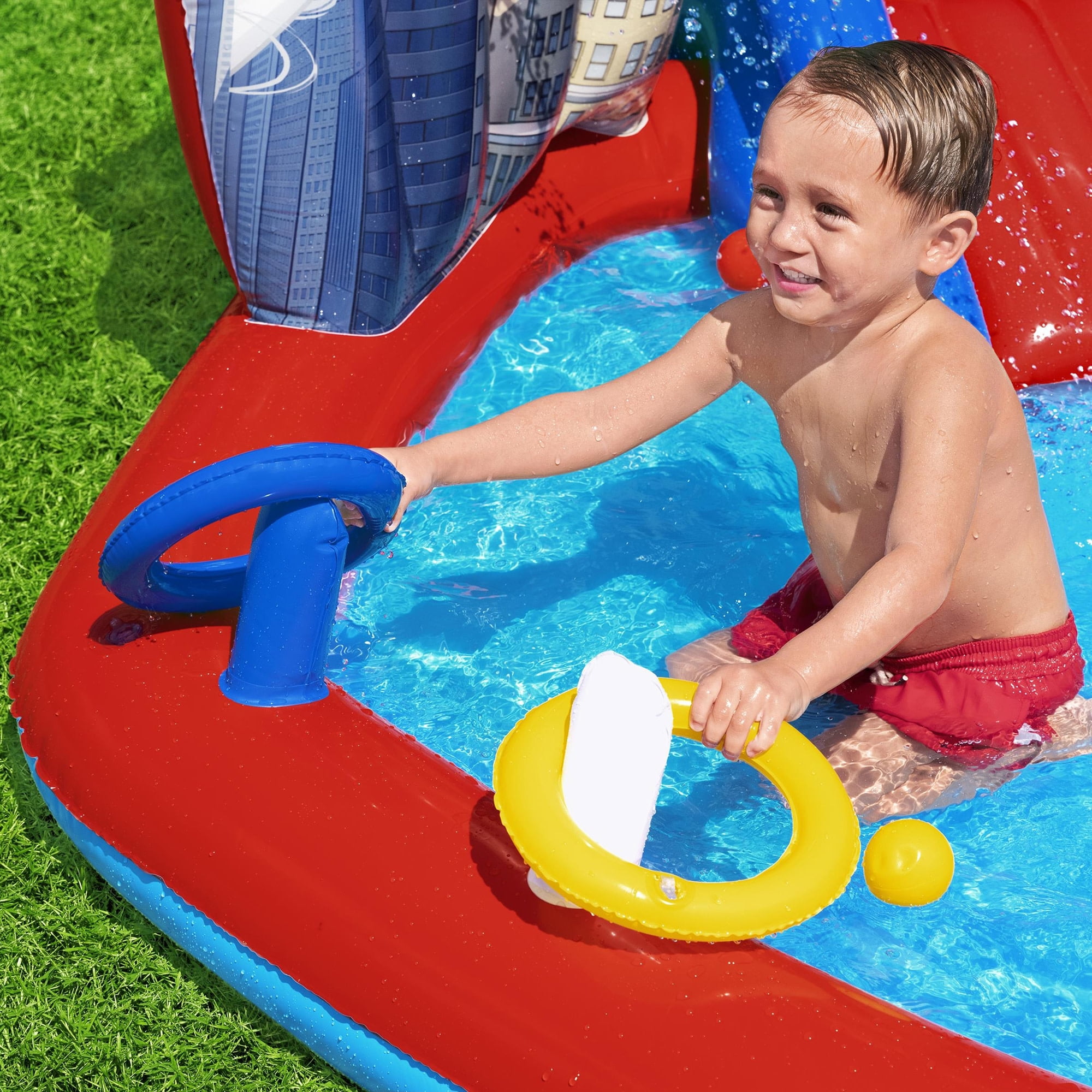 Bestway: Spider-Man Inflatable Water Play Center - 6'11"x6'9"x50", Splash Pool-Slide-Arch Sprayer, 6 Balls, Marvel Superhero Ring Toss, Toddler-Kid 2+