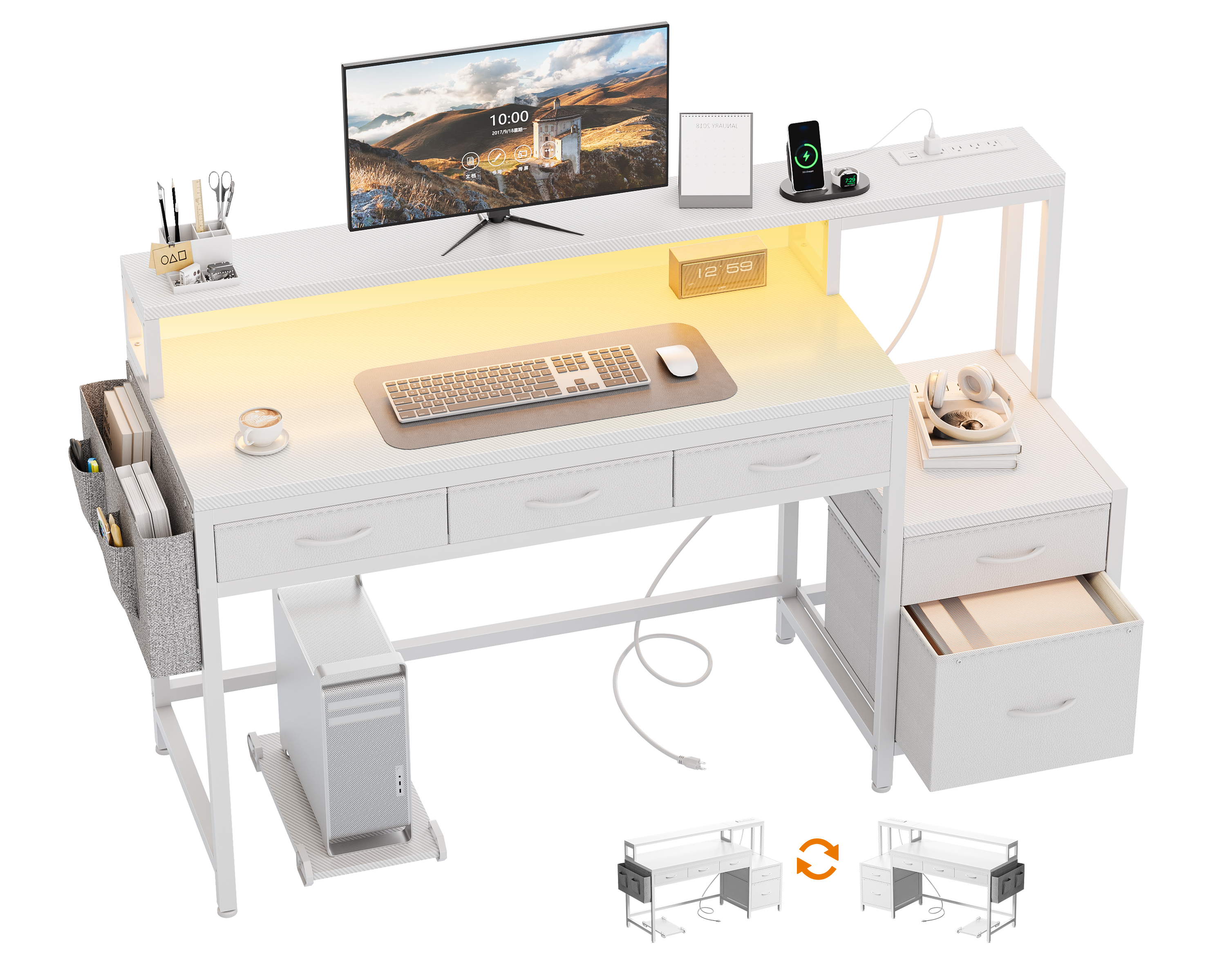 GUNAITO 60 inch Gaming Desk with 5 Fabric Drawers & Storage Shelves, Computer Desk with LED Lights & Charging Station,Carbon Fiber White