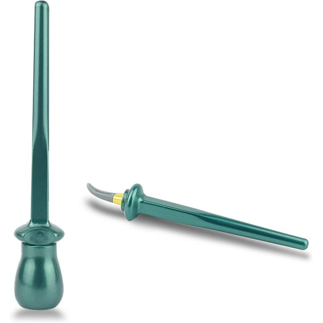 1 delineador de ojos de silicona, crema antivaho impermeable, kit de delineador de ojos fácil de usar, herramienta de delineador de ojos de silicona reutilizable para forma de delineador de ojos natural (verde) herramienta de maquillaje de ojos con mango alargado y punta curva de silicona y detalle dorado en la unión, vistas frontal y lateral sobre fondo blanco; a menudo usada para guiar trazos finos de delineado.