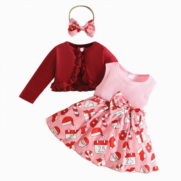 mgoYE Baby Girl Christmas Clothes Kid Toddler Girl Fall Dress Cardigan 2 Piece Floral Sleeveless Dress and Cardigan Set(Red,12-18 Months)
