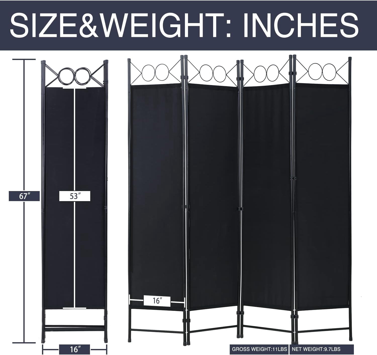 BIQWBIC 4-Panel Room Dividers and Folding Privacy Screens, 6.8 Ft Fabric Partition Screen, Black
