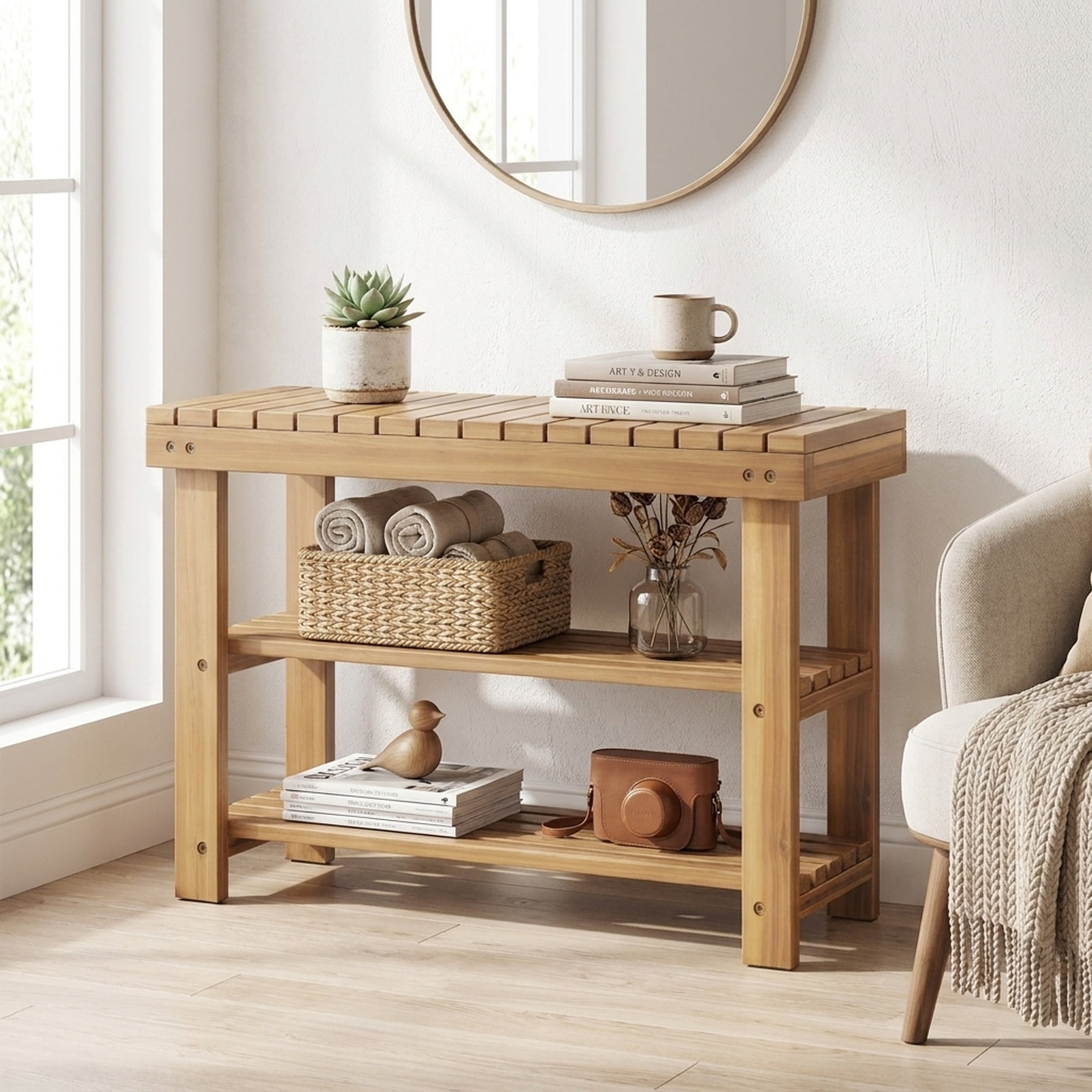 Furnibear 3 Tier Solid Wood Shoe Rack Bench with Slatted Shelves for Entryway Hallway and Living Room Shoe Storage Medium Size, Natural