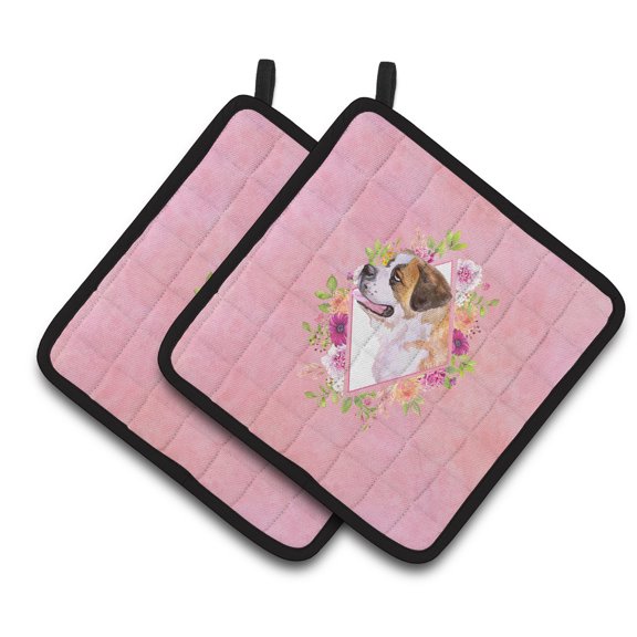 Saint Bernard #1 Pink Flowers Pair of Pot Holders