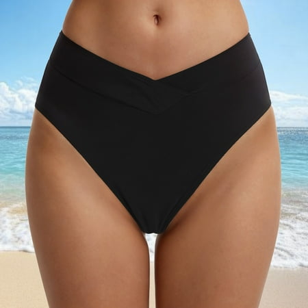FULORRNIE Women s High-Waisted V-Cut Full Coverage Bikini Bottom with V Waist Front Design  Black  M