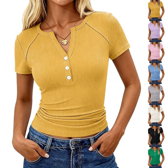 Womens Short Sleeve Ribbed Knit Henley Neck Shirts Slim Fitted Tee Summer Work Vacation Tops, 02# Yellow M