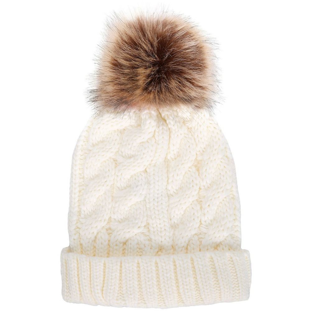 Simplicity - Women's Winter Soft Knitted Beanie Hat with Faux Fur Pom ...