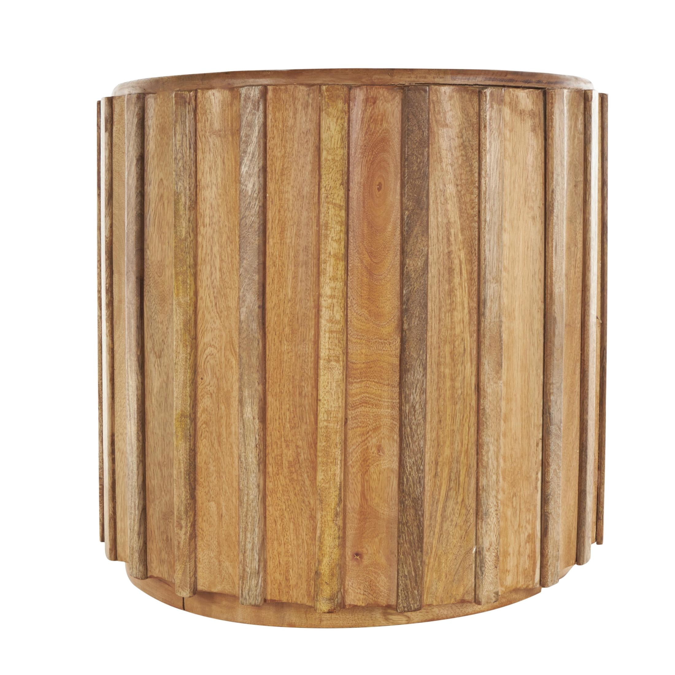 DecMode 19" x 18" Brown Mango Wood Handmade Concaved Curve Drum Accent Table with Ridges, 1-Piece