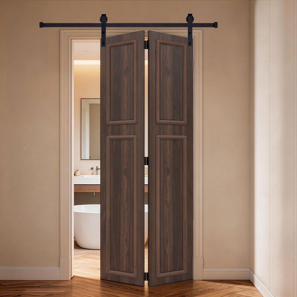 3/4 Inch Thickness 2-Panel Walnut Color Finished Mdf Bi-Fold Door With Barn Door Hardware, 18 Series 44in.x78 in.