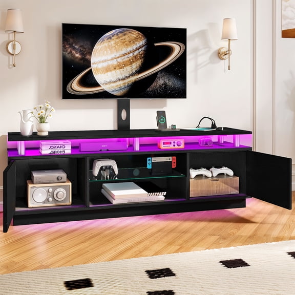 Uforic LED TV Stand with Mount & Power Outlet, Height Adjustable TV Mount for 75/65/60 inch TVs, Black