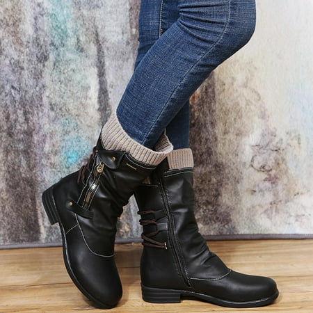 

Tejiojio Fall Clearance Women Boots Vintage Winter Zipper Mid-Calf Lace Up Slip On Retro Ladies Shoes