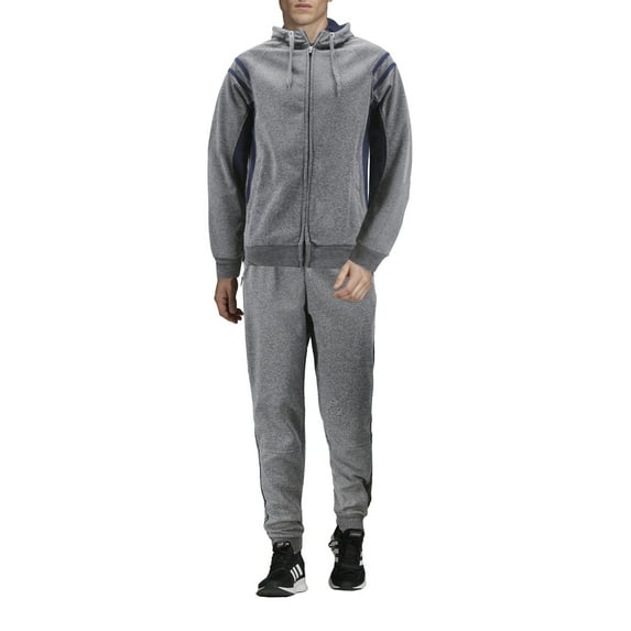 Men's Hooded Working Out Running Gym Fitness Casual Jogging Tracksuit 2 Pcs Set (Grey, L)