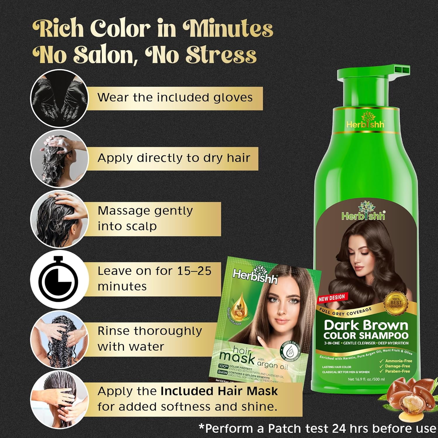 Herbishh Dark Brown Color Shampoo for Gray Hair, Permanent Hair Colour, Men & Women (500 ml)