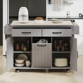 thumbnail image 3 of Kitchen Island with Trash Can Cabinet, Rolling Cart with Drop Leaf, Storage Drawers, Spice Rack & Towel Holder, Mobile Kitchen Cart with Adjustable Shelf, Grey Countertop, 3 of 11