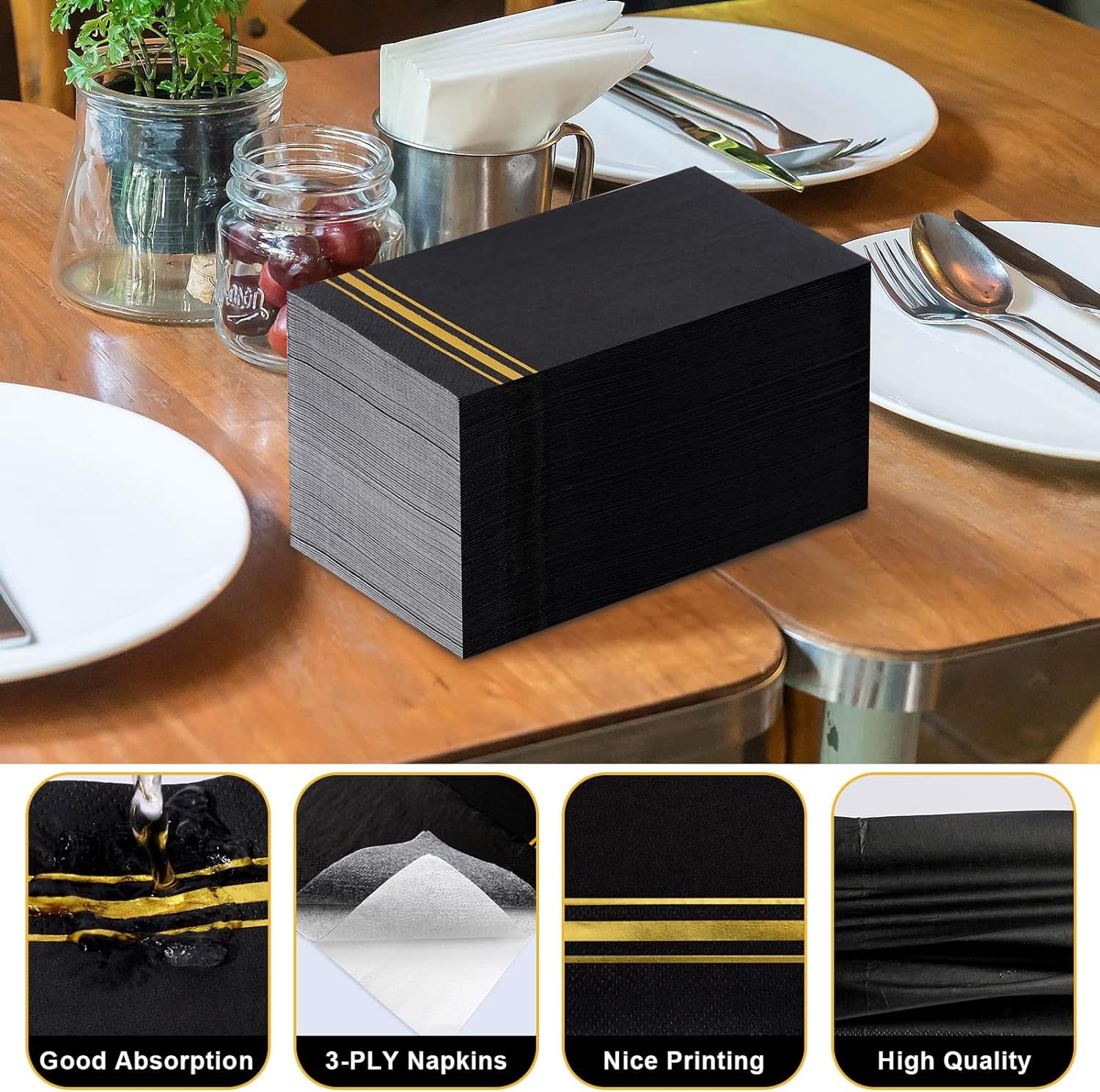 100pcs 3-Ply Black and Gold Paper Napkins, Black Elegant Dinner Napkins, Gold Foil Guest Napkins Disposable Hand Towels for Bathroom Wedding Anniversary Birthday Holiday Party