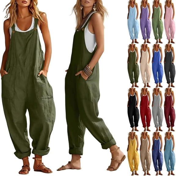 Tqcoqu Women's Cotton Linen Spaghetti Strap Overalls With Pockets,Loose Solid Summer Casual Jumpsuit,Army Green Women's S-XXL