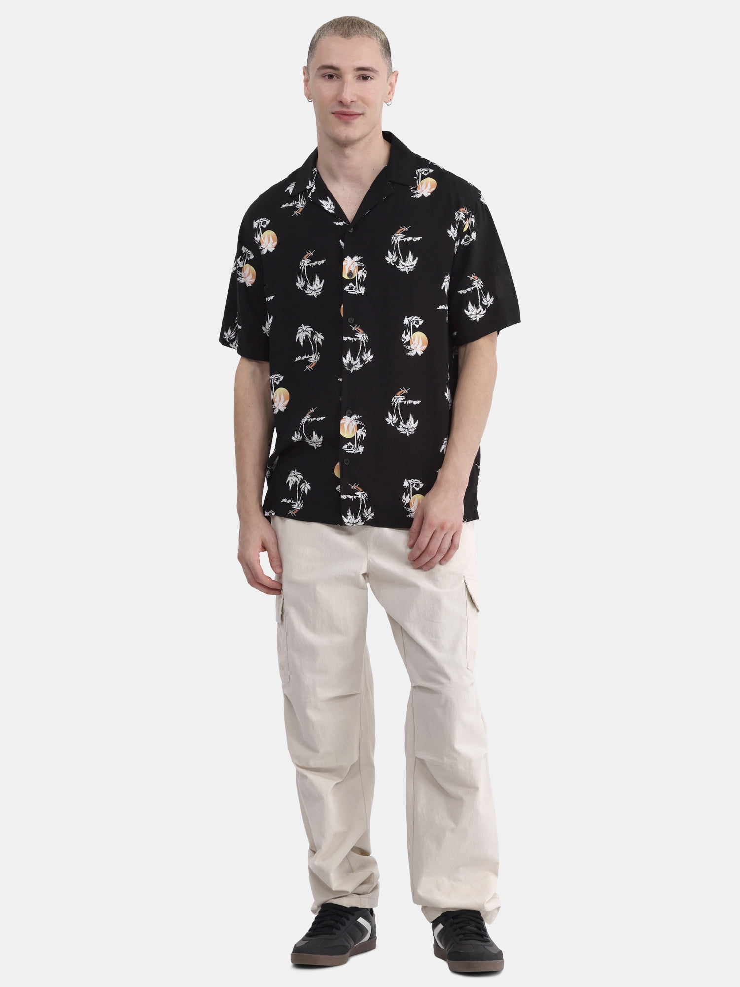 No Boundaries Men's & Big Men's Rayon Print Button Up Shirt with Short Sleeves, Sizes XS-5XL