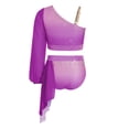 thumbnail image 7 of iiniim Girls Lyrical Dance Outfit One Shoulder Long Puff Sleeve Crop Top With Applique Asymmetrical Skirt Set Purple 10, 7 of 7