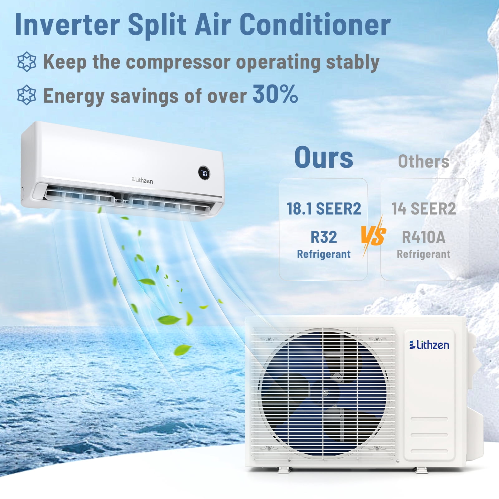 Lithzen 12000 BTU Mini Split Air Conditioner & Heater, 208/230V 18.2 SEER2 Wifi Enabled