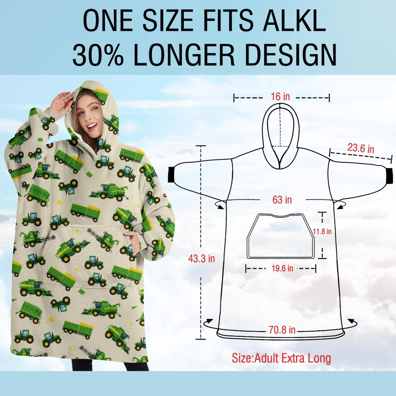 Oversized Wearable Blanket Hoodie,Cartoon Tractors Green Beige Pattern Sherpa Blanket Hoodie with Super Pockets,Super Warm Fuzzy Pullover for Women & Men