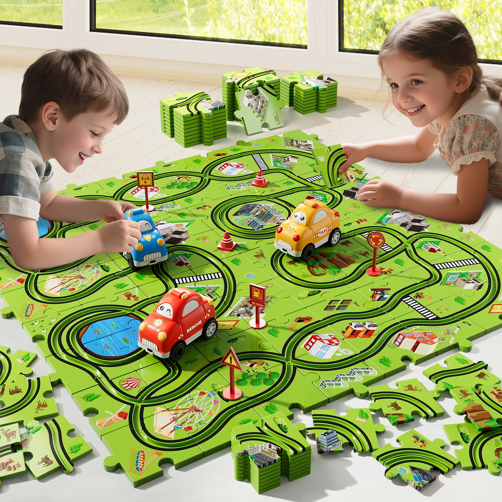iHaHa 73 Pcs Puzzle Race Car Set Toys for Kids Ages 3-6 Years Old Boys, Puzzle Track Toys Gifts for Ages 3 4 5, Race Car Track Toys