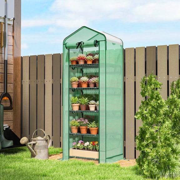 Outsunny 5 Tier Mini Greenhouse with Screen Roof, 27.6" x 19.7" x 75.6", Portable Small Greenhouse with High Strength PE Cover, Green