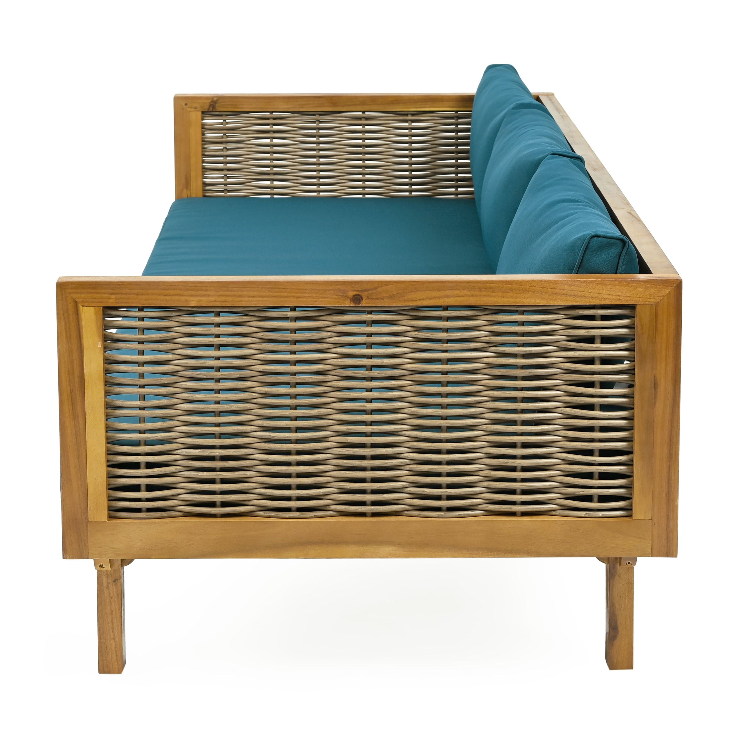 3 Seater Daybed, Outdoor Rattan Arm Daybed for Patio Garden, Teak and Cream