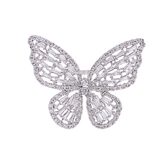 Cubic Zirconia Butterfly Ring for Women Adjustable Sparkling Butterfly Ring - White