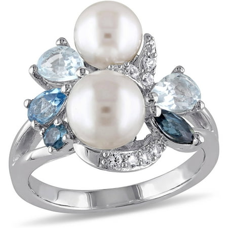 Tangelo 6.5-7mm and 7.5-8mm White Round Cultured Freshwater Pearl with 1-3/4 Carat T.G.W. Multi-gemstone Sterling Silver Cocktail Ring