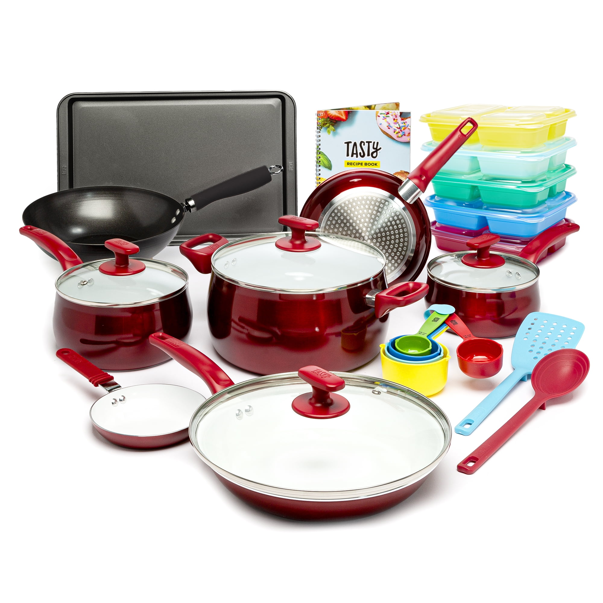 Tasty 24 Piece Titanium Ceramic Non-Stick Cookware Set, Dishwasher Safe, Red