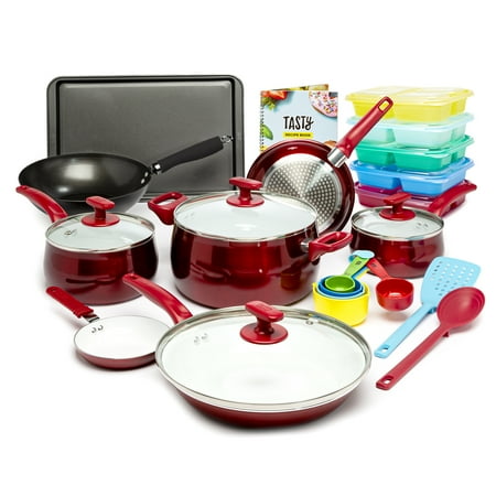 

24 Piece Titanium Ceramic Non-Stick Cookware Set Dishwasher Safe Red