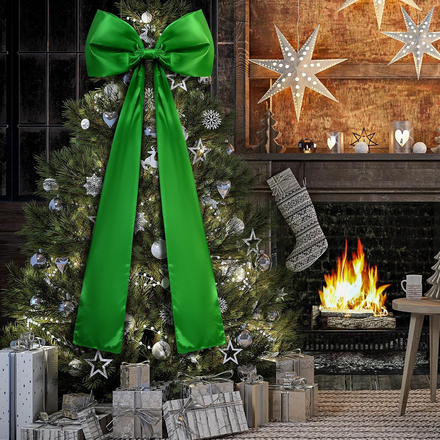 Guvpev 5FT Large Satin Christmas Bows - Giant Green Xmas Bows for Christmas Tree Topper, Wreaths, Wal, Mantel, Front Door, Porch & Wedding Decorations, Indoor & Outdoor Holiday Christmas Decorations