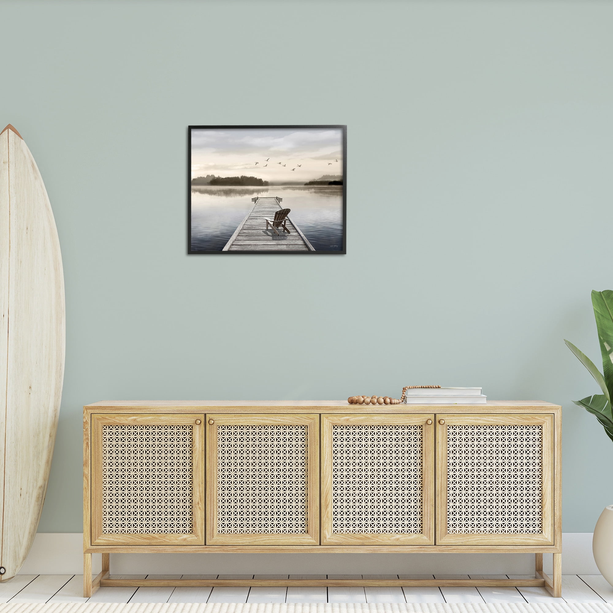 Stupell Industries Beach Chair on Dock Landscape Painting Black Framed Art Print Wall Art, 30 x 24