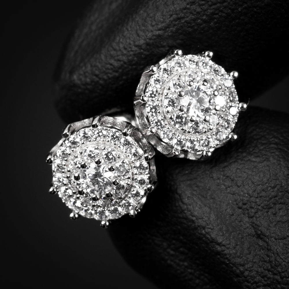 Brilliant Round Spiked Cut Big Iced Cz White Gold Plated 925 Sterling Silver Screw Back Post Large Circle Flower Cluster Spike Stud Hip Hop Earrings