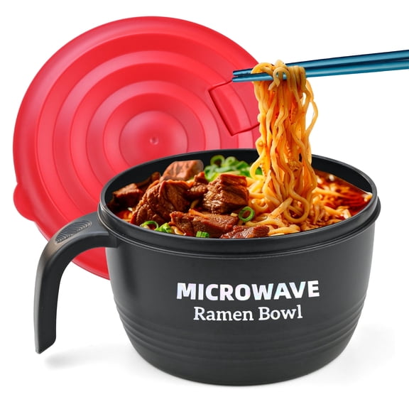 Layron Ramen Cooker Bowl - 45 oz Microwaveable Noodle Bowl Ramen- BPA Free and Dishwasher Safe Set for Dorm, Small Kitchen, or Officee (black)