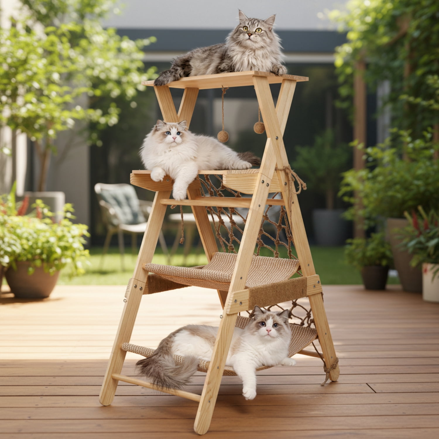 AIWFL Cat Tree Tower for Large Cats, 43.3" Multi-Level Wooden Cat Hammock & Sisal Scratching Posts Cat Condo, Outdoor Indoor Activity Center
