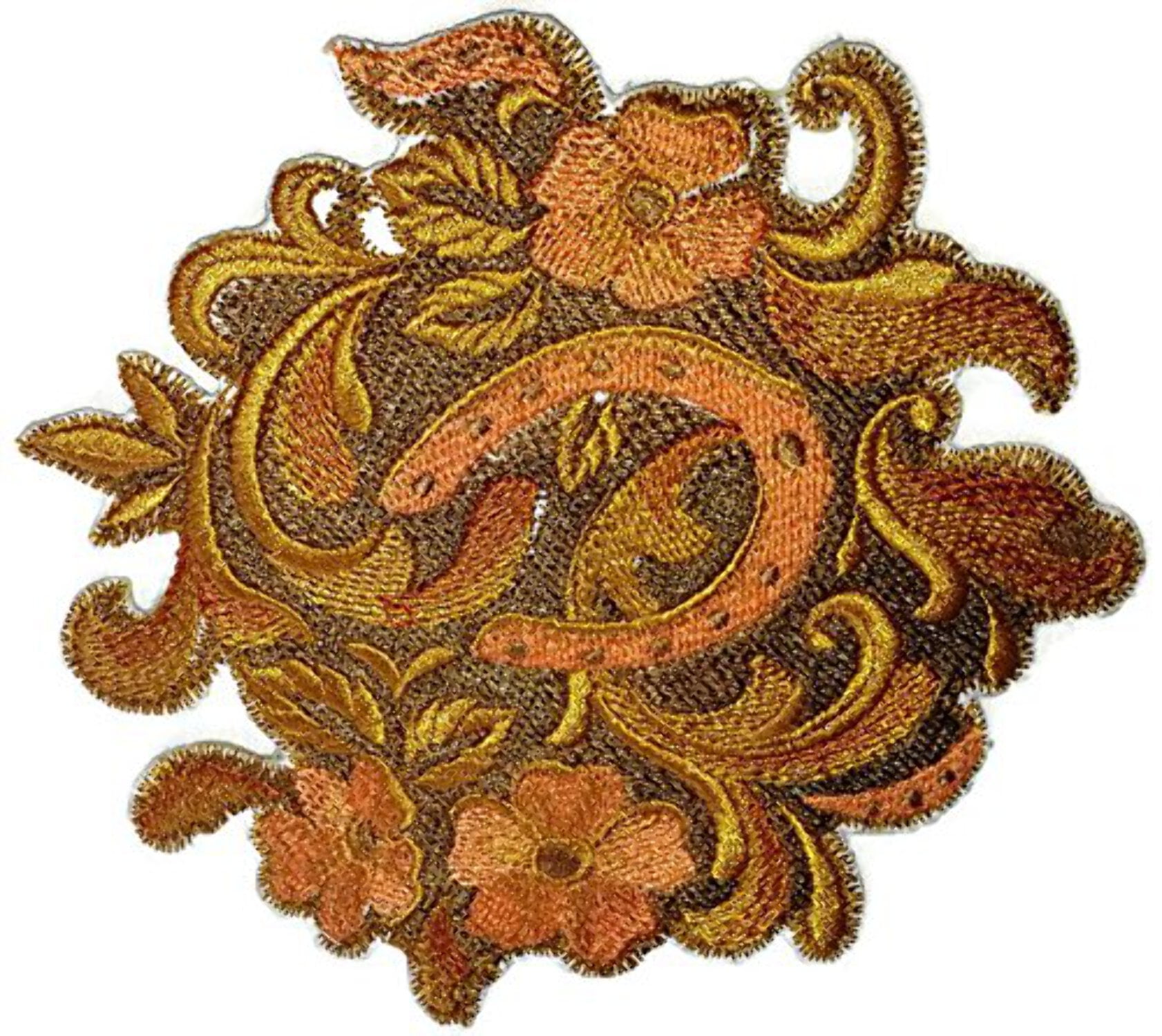 Leather Tooling Horseshoe And Flower Embroidered Iron on/Sew patch [5" X 5"]