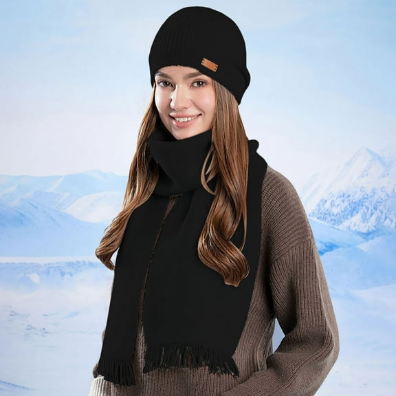 SYMOID Womens Winter Beanie & Scarf Set - Black Warm Stretchy Accessory, Rib Knit Beanie with Fringed Scarf 2-Piece Coordinated Set,Size Free Size