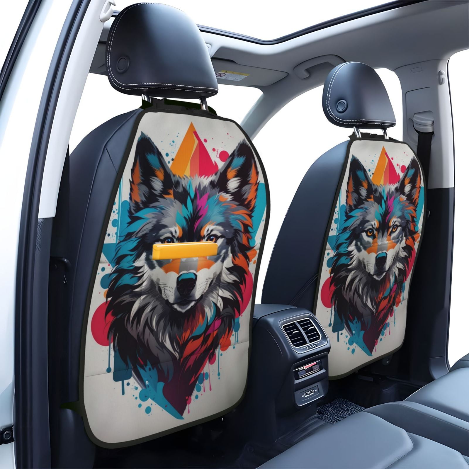 Xecao Tie-Dye Wolf Head Pattern Car Seat Back Protector 2 Pack Large Capacity Pocket, Kick Mats Back Seat Protector