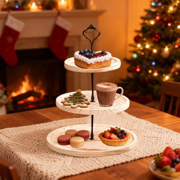 xihome Soporte de madera de 3 niveles para postres, ideal para fiestas navideñas. Exhibidor rstico para pasteles y cupcakes con bandejas decorativas para la hora del t.