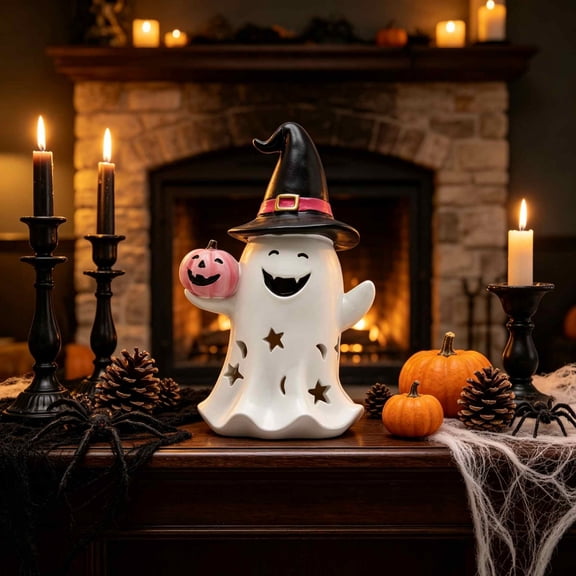Dvumao Cute Ghost Witch Hat Resin Statue With Pumpkin Halloween Ghost Figurine Decor 5.9 Inch Tabletop Ghost Ornament For Home Shelf Mantel Fall Party