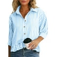 thumbnail image 2 of Lenpel Button down Shirts for Women Trendy 3/4 Sleeve Collared Ruffle Hem Striped Crop Tops Loose Fit Casual Blouses(Blue,XX-Large), 2 of 7