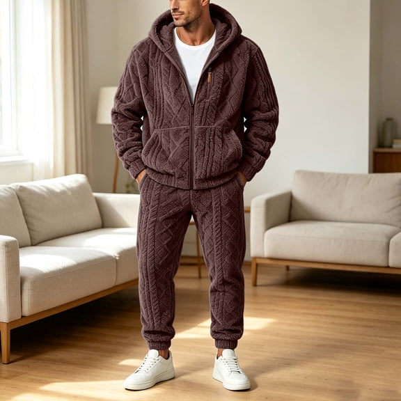 Cagogo Men's Fuzzy Fleece Hooded Sweatshirt Elastic Waist Pants 2 Piece Set Fall Winter Lounge Outfits Casual Solid Tracksuit Loungewear, Coffee XL