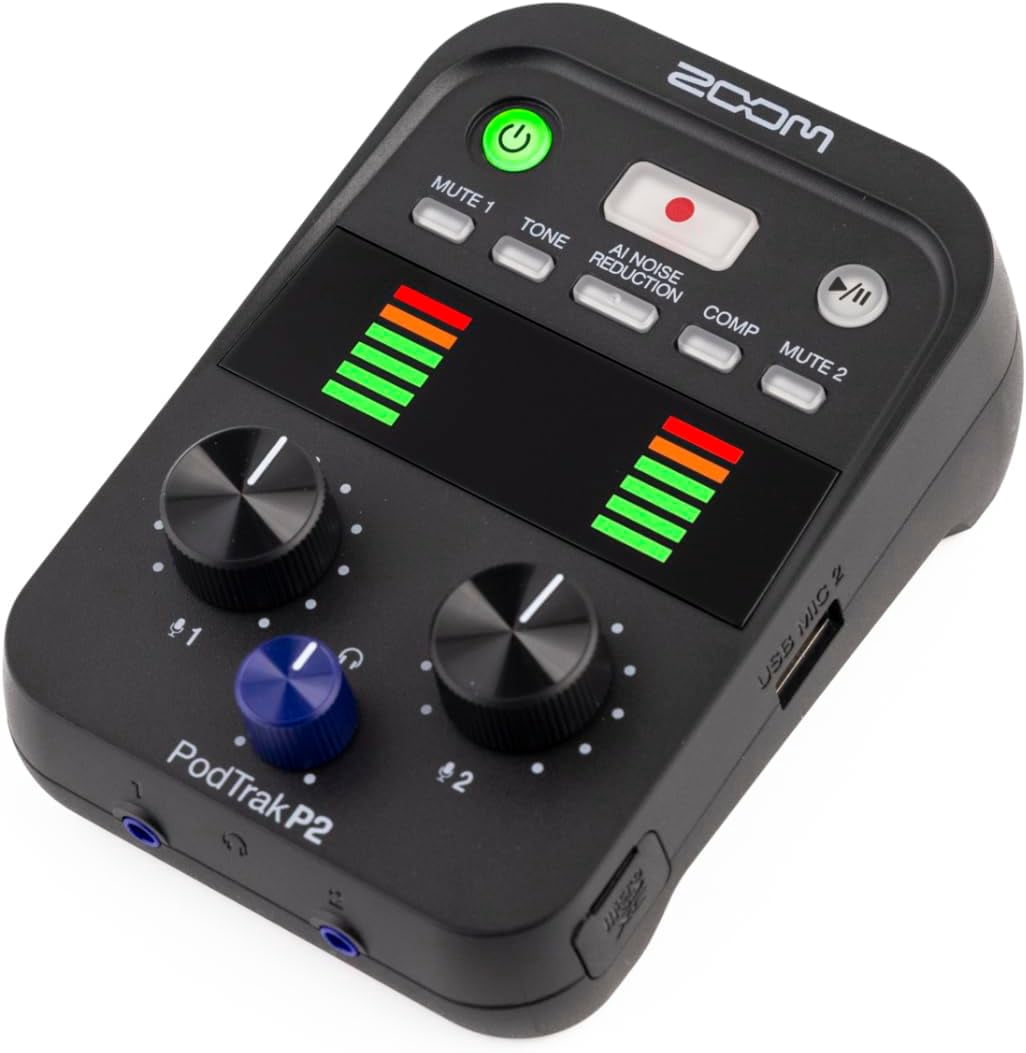Zoom PodTrak P2 Podcast Recorder with 2 USB Mic Inputs Bundle With MDR-7506 Professional Stereo Headphones + AT2020USB-X Cardioid USB Microphone + 64GB Memory Card + More