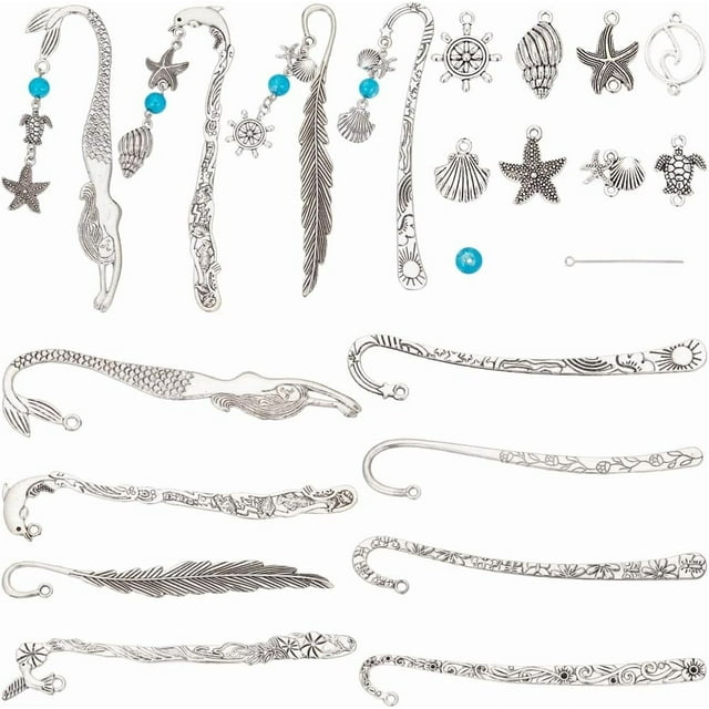 1 caja DIY con 8 juegos de marcapáginas con temática oceánica, marcapáginas de metal, ganchos de metal, dijes de tortuga marina, estrella de mar, concha, verano, Hawaii