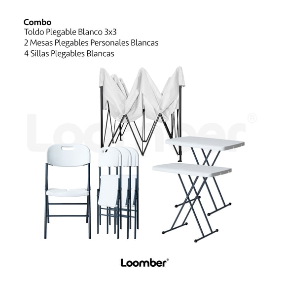 Toldo Plegable Impermeable +Paquete 2 Mesas Plegables Personales + 4 Sillas Plegables Blancas LOOMBER