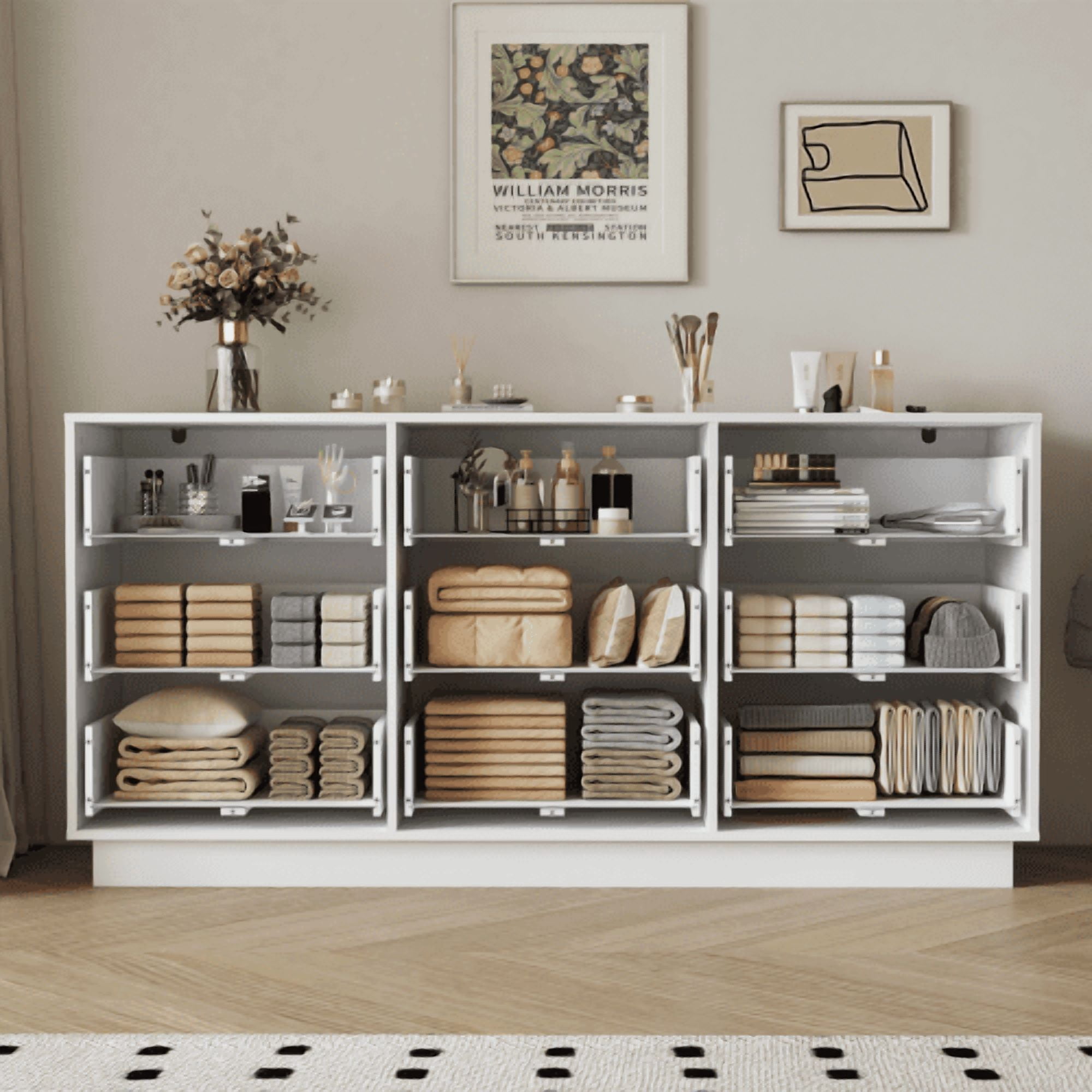 9 Drawer Dresser for Bedroom with Deep Drawers, Large Wood Chest of Drawers, Modern Long Floor Storage Dresser for Closet Living Room Hallway, Sturdy Organizer Tower, White