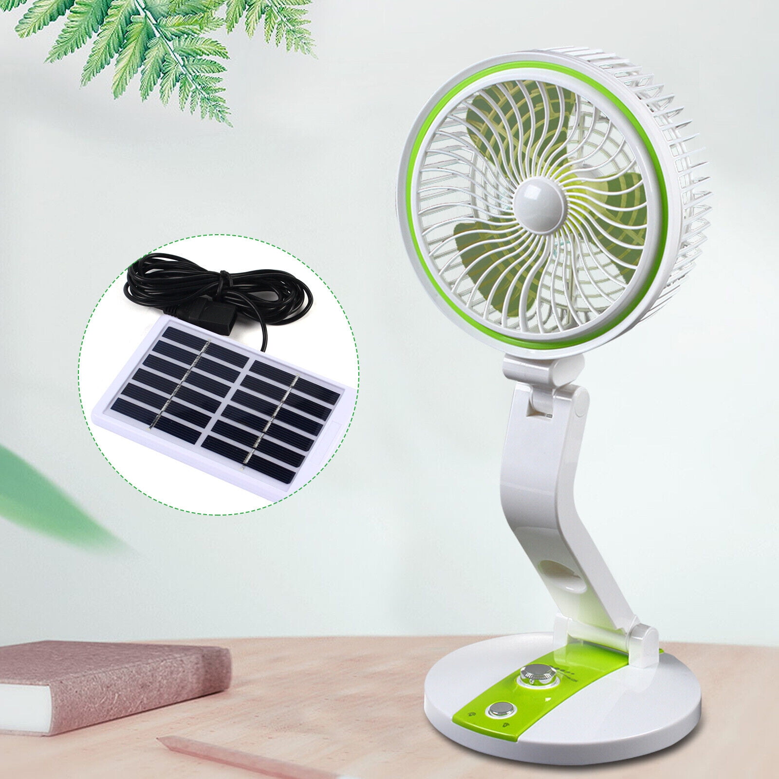 Solar Powered Portable Fan Desk Cooling USB Fan Cell Cooler + Light + Cable 7", Tabletop Fan