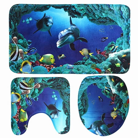 Bath Rug Sets - 3 Piece Home Bath Non-Slip Mat Set Bathroom Pedestal Rug Deep Sea Dolphin Soft Toilet Cover Mat Blue