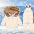 thumbnail image 2 of Xfvqtps Down Jacket and Pant Set Reflective Strip Multiple Pockets Fake Fur Hooded Coat and Overalls Snowboarding Waterproof Windproof Outdoor Winter Warm Snowsuit Beige, 2 of 9